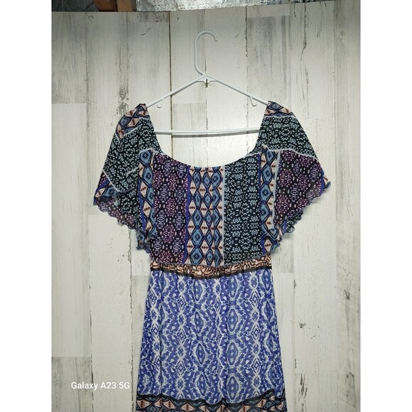 Chicos Dress Women 00 US Extra Small Blue Ikat Peasant Maxi Off Shoulder Blouson - Picture 4 of 8